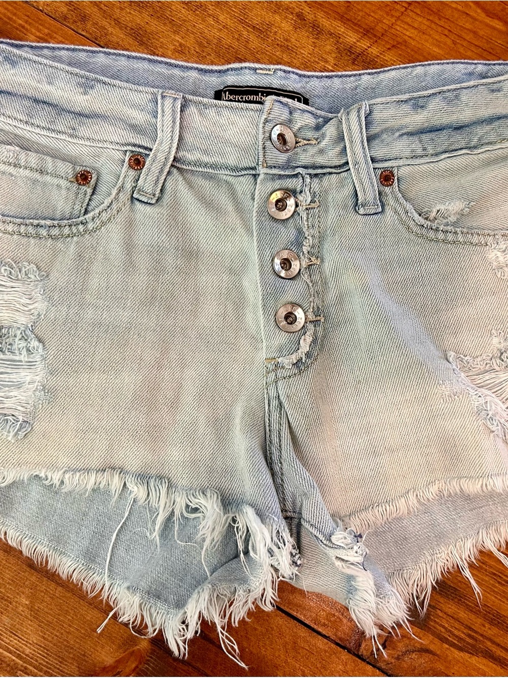 Abercrombie & Fitch light blue distressed denim cut-off shorts